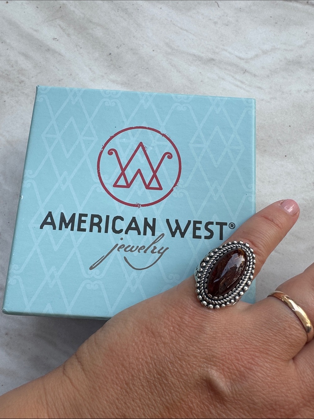 American West Brown Oval Stone Beaded Silver Ring